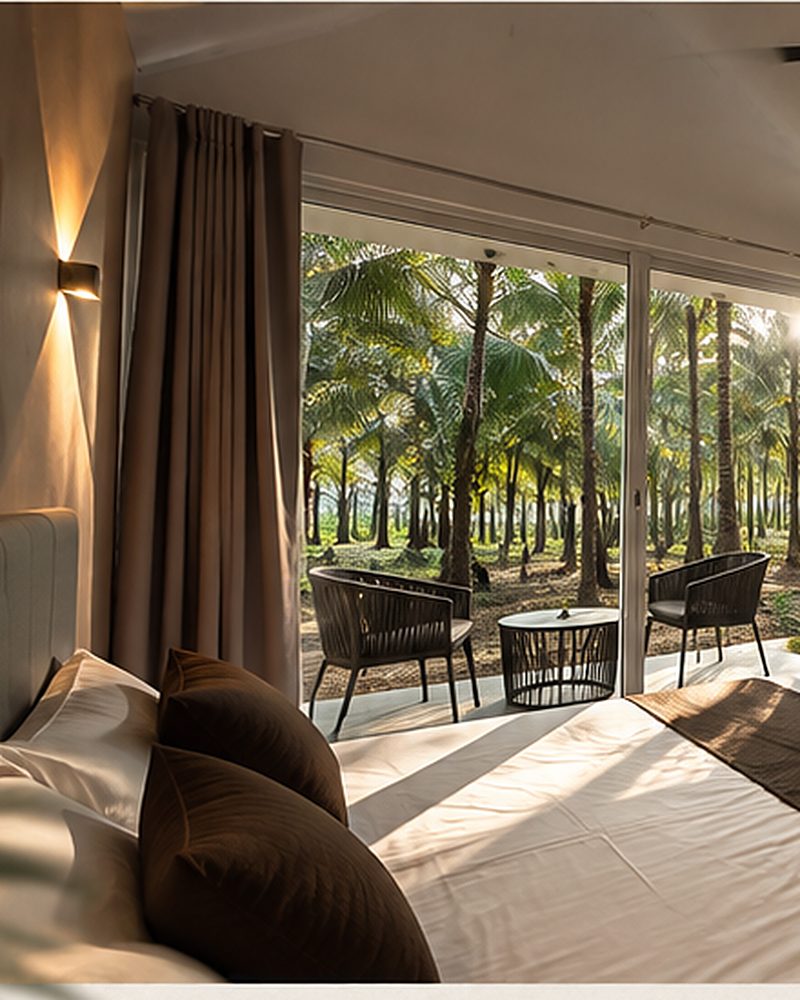 From the bed, the terrace and the palms beyond